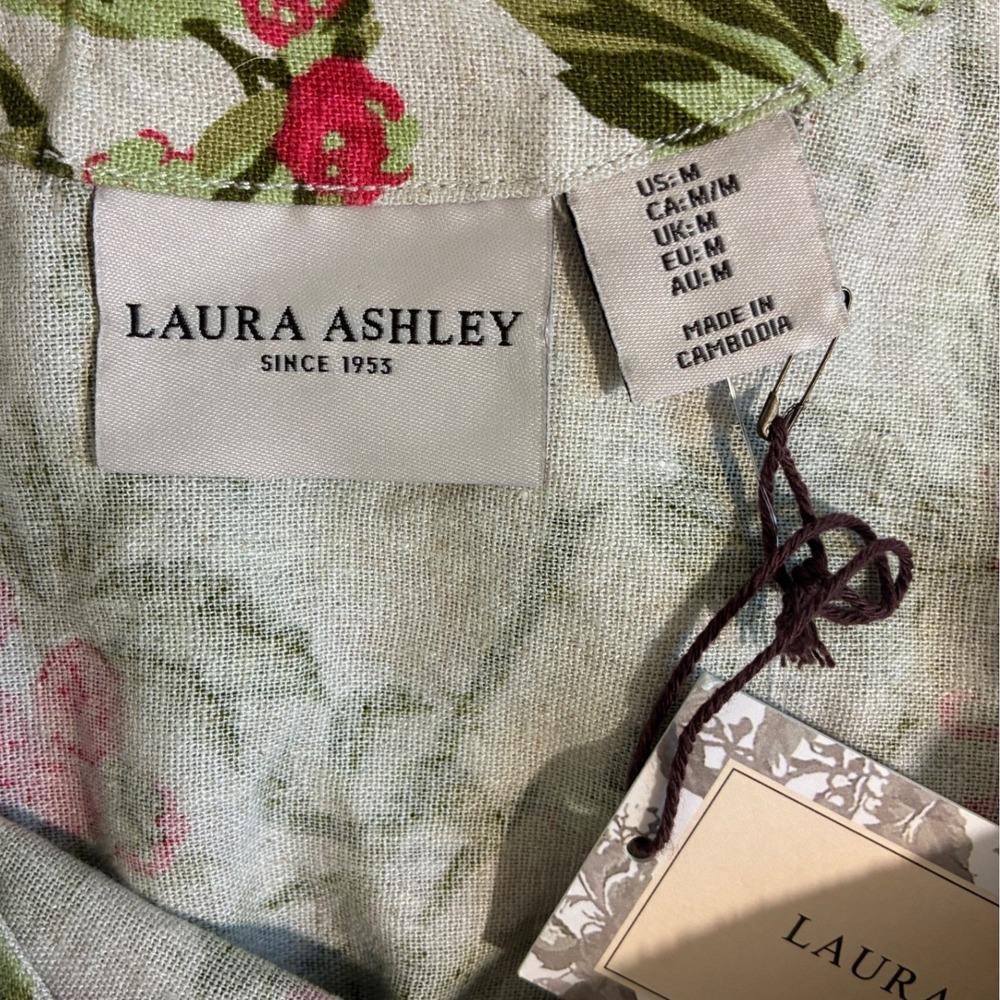 Laura Ashley Linen Blend Floral Shift Dress Scalloped Hem Pink Green M - Picture 4 of 13